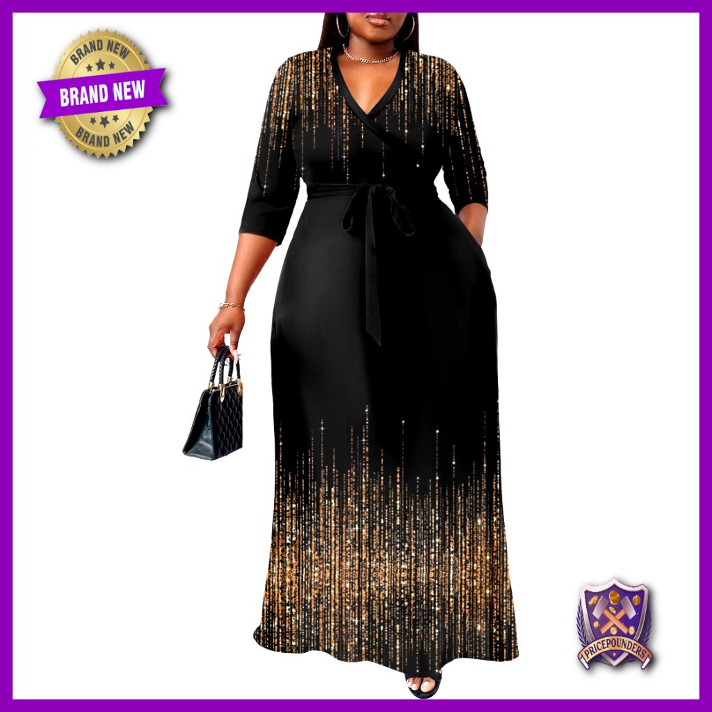 Plus Size Maxi Dress 3/4 Sleeve Flowy Long With Belt Xl-6xl